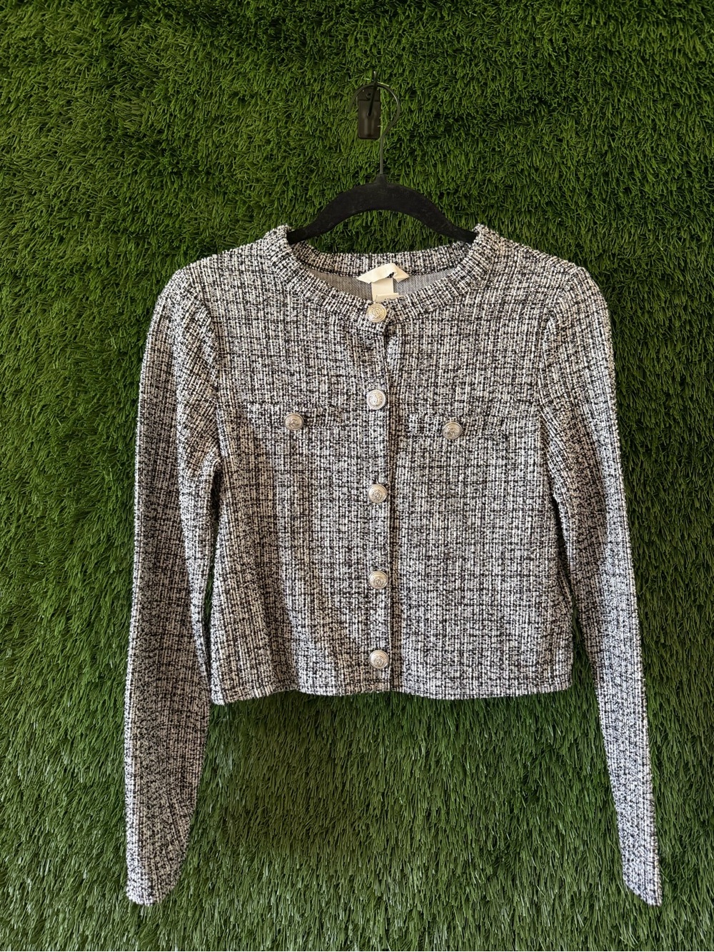 H&M Black & White Tweed Button-Front Blazer